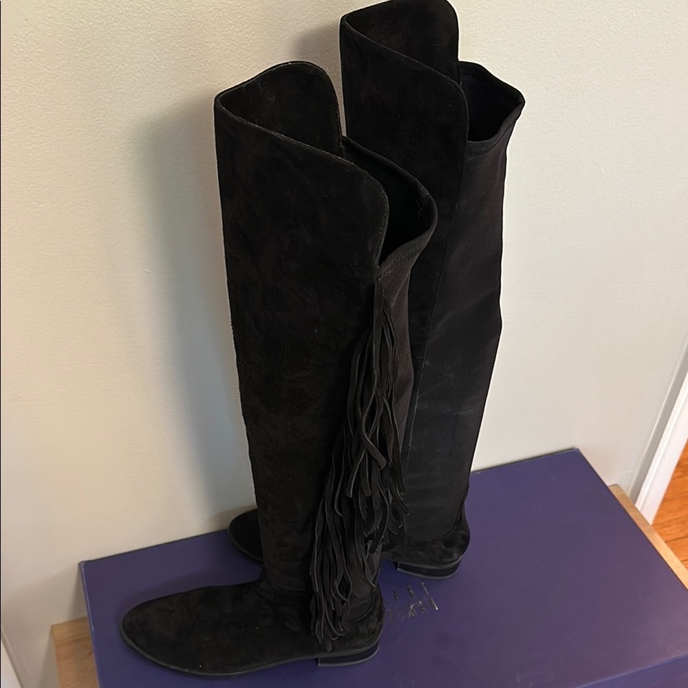 WORN ONCE Stuart Weitzman Black Suede Fringe 5050 Over-the-Knee Boots Mane - Picture 4 of 11